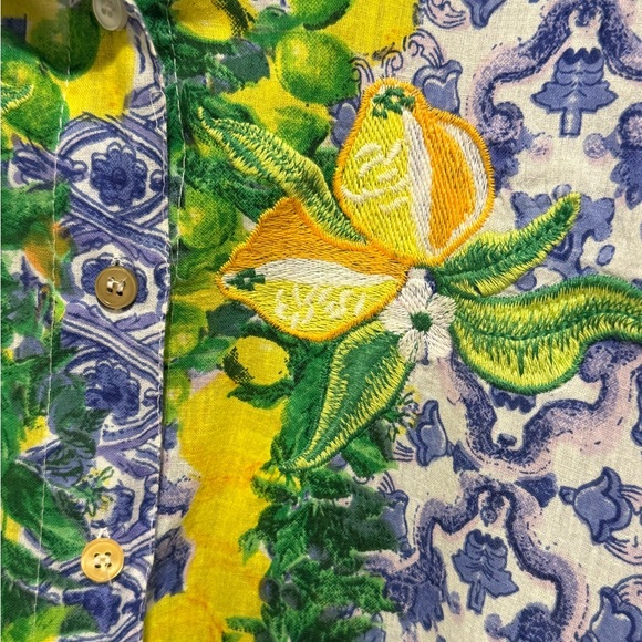 Amtica Santorini EUC Sz L Blue & Yellow Floral Button Embroidered Blouse (0654) - Picture 7 of 11